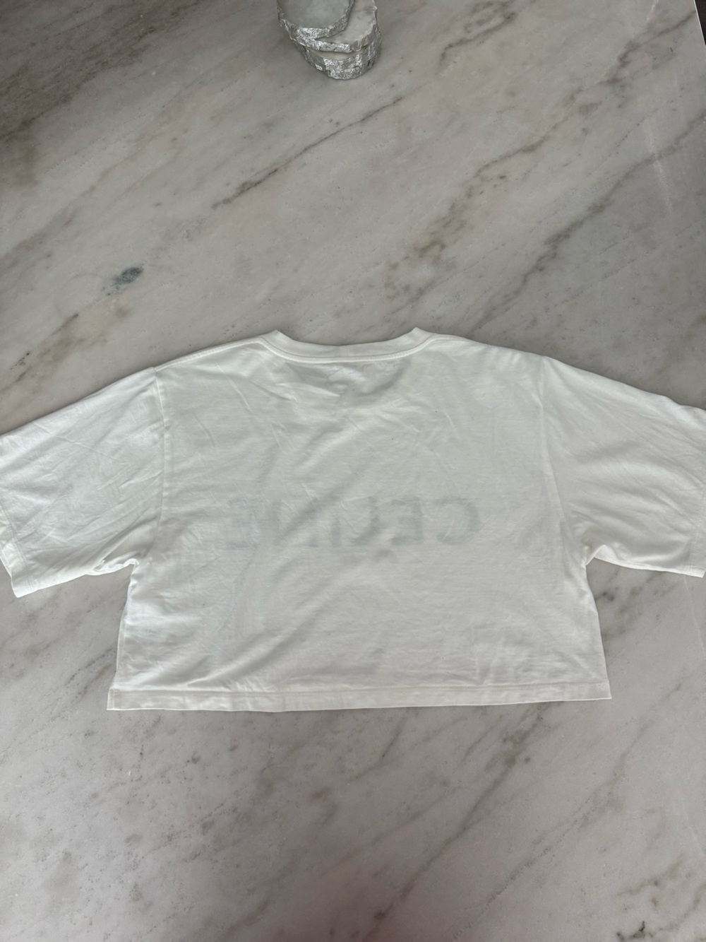 Celine White Cropped T-Shirt with Black CELINE Logo - Picture 5 of 7